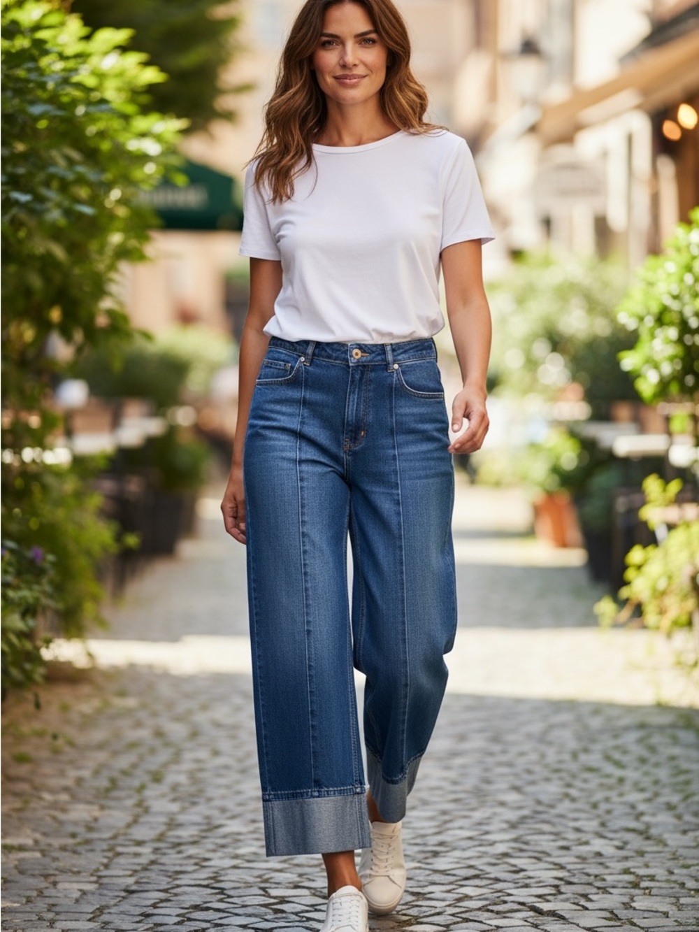 Zara Dark Mid-Blue High-Rise Wide-Leg Jeans with Cuffed Hem